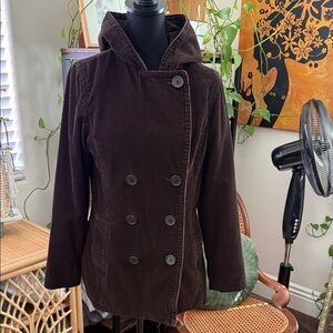 Sonoma Chocolate Brown Corduroy Double Breasted Hooded Pea Coat Jacket